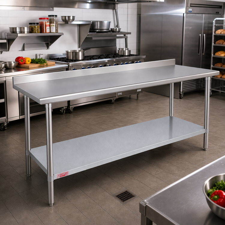 Product image #2 for Duke Manufacturing Deluxe 108-Inch x 30-Inch Stainless Steel Work Table with 1-1/8-Inch Straight Riser and Galvanized Undershelf