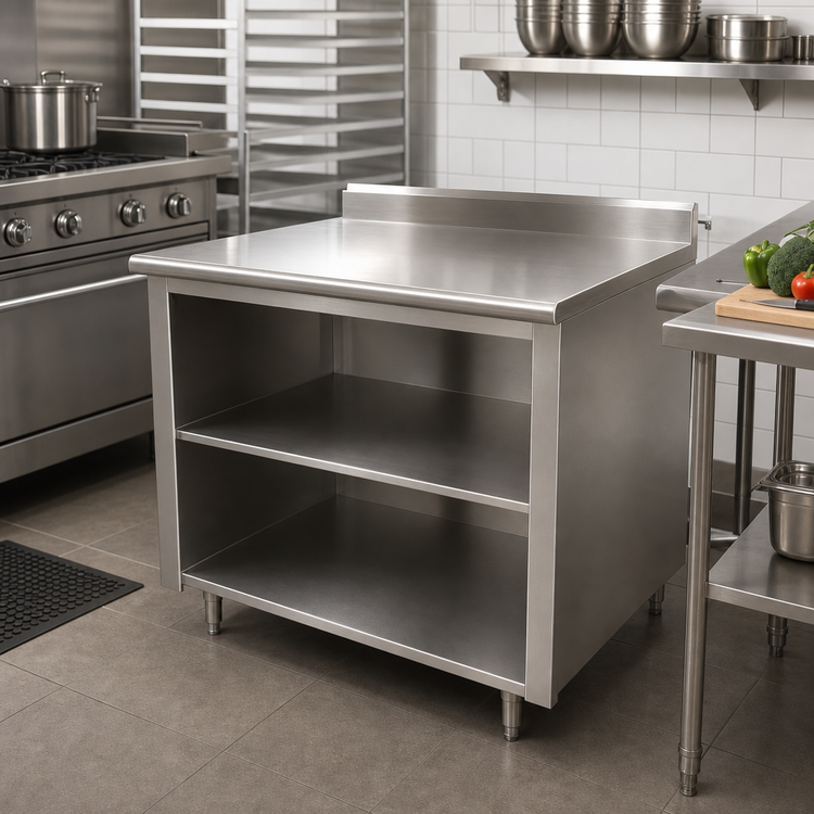 Product image #2 for Advance Tabco 48-Inch x 36-Inch Work Table with Open Front Cabinet Base, Mid-Shelf, 14 Gauge 304 Stainless Steel Top, and 5-Inch Backsplash