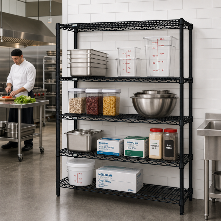 Product image #2 for Quantum 60" W x 21" D x 74" H Stationary Wire Shelving Starter Kit with 4 Shelves, Black Epoxy Antimicrobial Finish