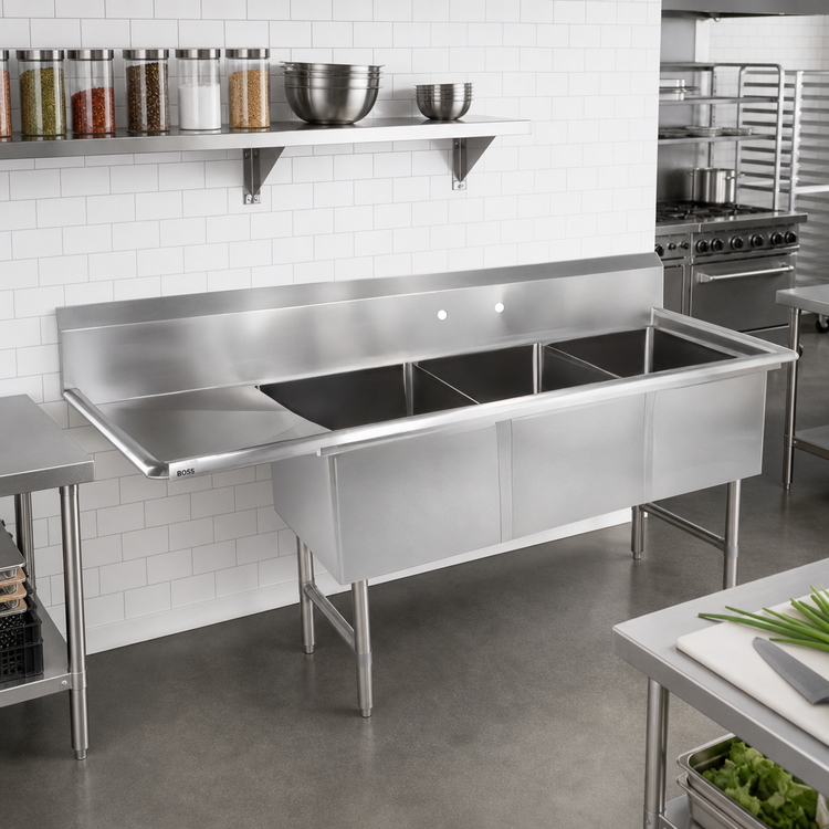 Product image #2 for John Boos B Series 3-Compartment Floor Model Sink with Left Drainboard, 76-3/16-Inch x 29-1/2-Inch x 44-Inch, Stainless Steel