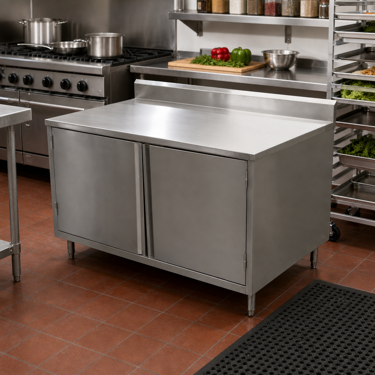 Product image #2 for BK Resources 36-Inch x 24-Inch Stainless Steel Chef Table with Cabinet Base, Hinged Doors, and 5-Inch Back Riser