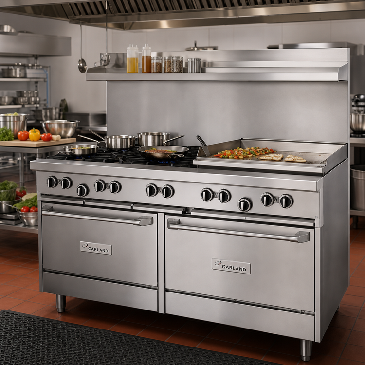Product image #2 for Garland G Starfire Pro 60-Inch Gas Restaurant Range with 6 Open Burners, 24-Inch Griddle, 2 Storage Bases, and Hi-Shelf