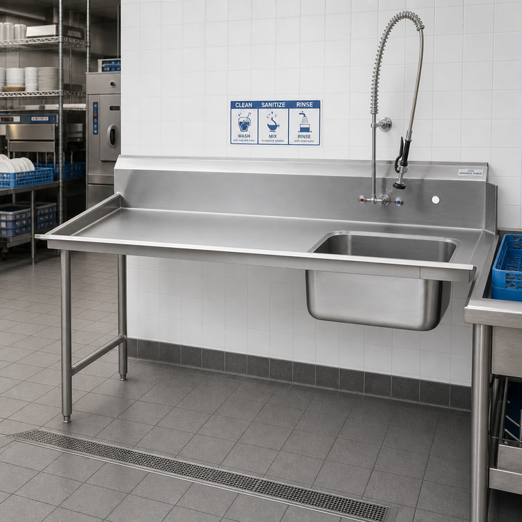 Product image #2 for Advance Tabco Left-Hand Straight Soil Dish Table with Pre-Rinse Sink, 143 Inch, 14 Gauge 304 Stainless Steel
