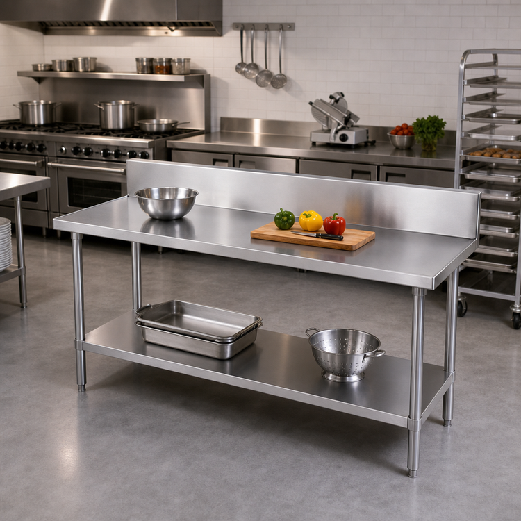 Product image #2 for Advance Tabco 72-Inch W x 30-Inch D 14-Gauge 304 Stainless Steel Work Table with 10-Inch Backsplash and Undershelf