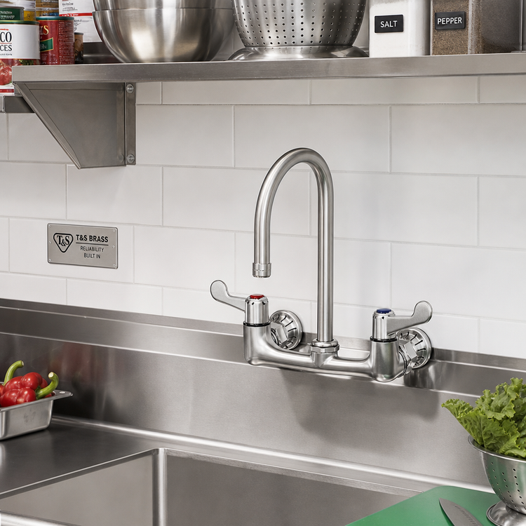 Product image #2 for T&S Brass equip 8-Inch Wall Mount Mixing Faucet with 5-1/2-Inch Swivel Gooseneck and Wrist Handles