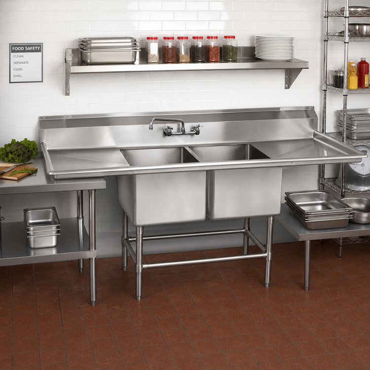 Product image #2 for Eagle Group Spec-Master FN Series Two-Compartment Stainless Steel Sink with Left and Right 36" Drainboards, 116"W x 35"D