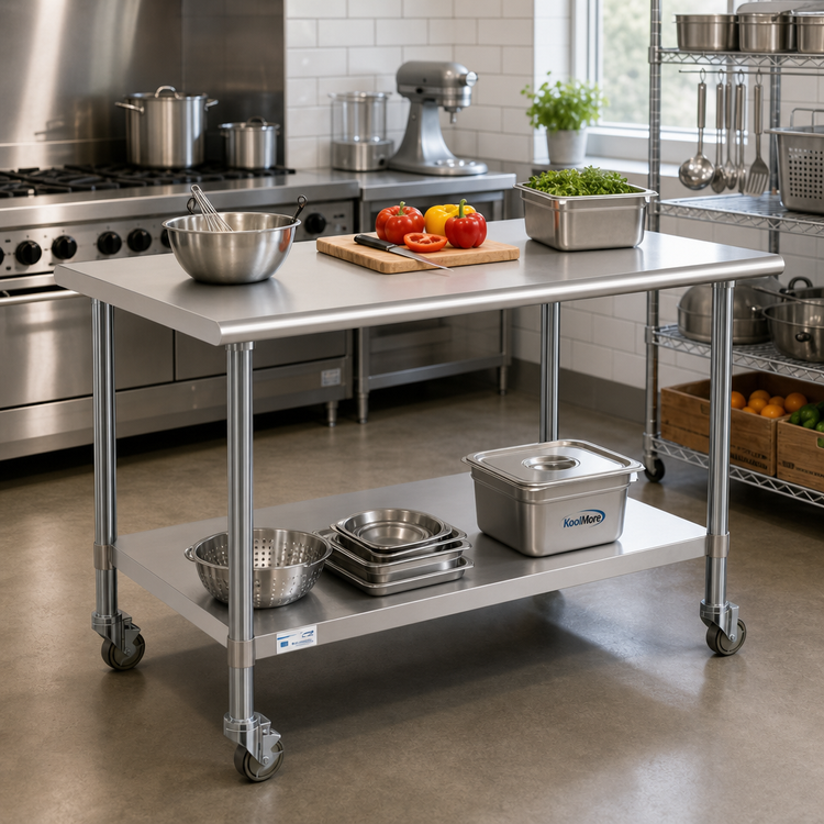Product image #2 for KoolMore 48-Inch x 30-Inch 18-Gauge Stainless Steel Commercial Work Table with Undershelf and Locking Casters