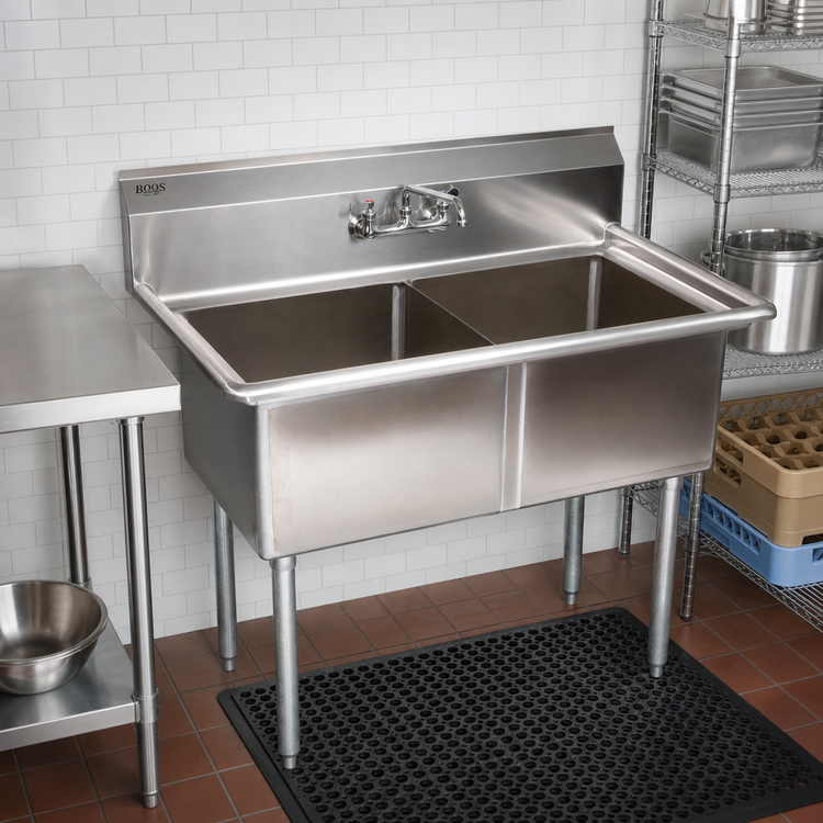 Product image #2 for John Boos E-Series 2-Compartment Stainless Steel Sink, 41 x 23-1/2 x 43-3/4 Inches, 12-Inch Deep Bowls, Galvanized Legs