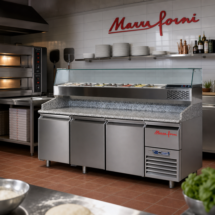 Product image #2 for Marra Forni Three-Section Refrigerated Pizza Prep Table with Granite Work Surface, Side-Mounted Self-Contained Refrigeration, 20 Cu. Ft.