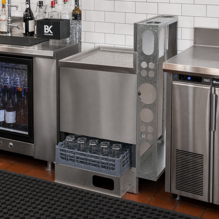 Product image #2 for BK Resources 24 Inch Wide Underbar Glass Rack Cabinet with Drainboard Top and Open Front Base