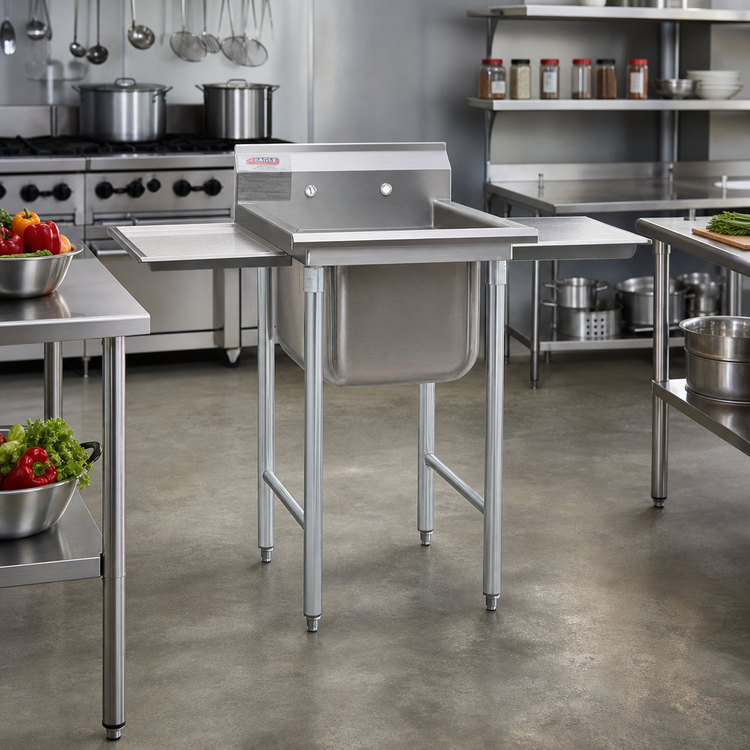 Product image #2 for Eagle Group 314 Series 54-1/2-Inch 1-Compartment Stainless Steel Sink with Left & Right Drainboards