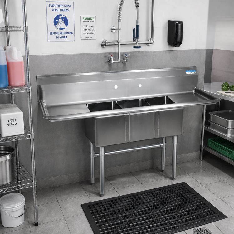 Product image #2 for BK Resources 3-Compartment Convenience Store Sink with Dual 12-Inch Drainboards, 54-Inch Wide