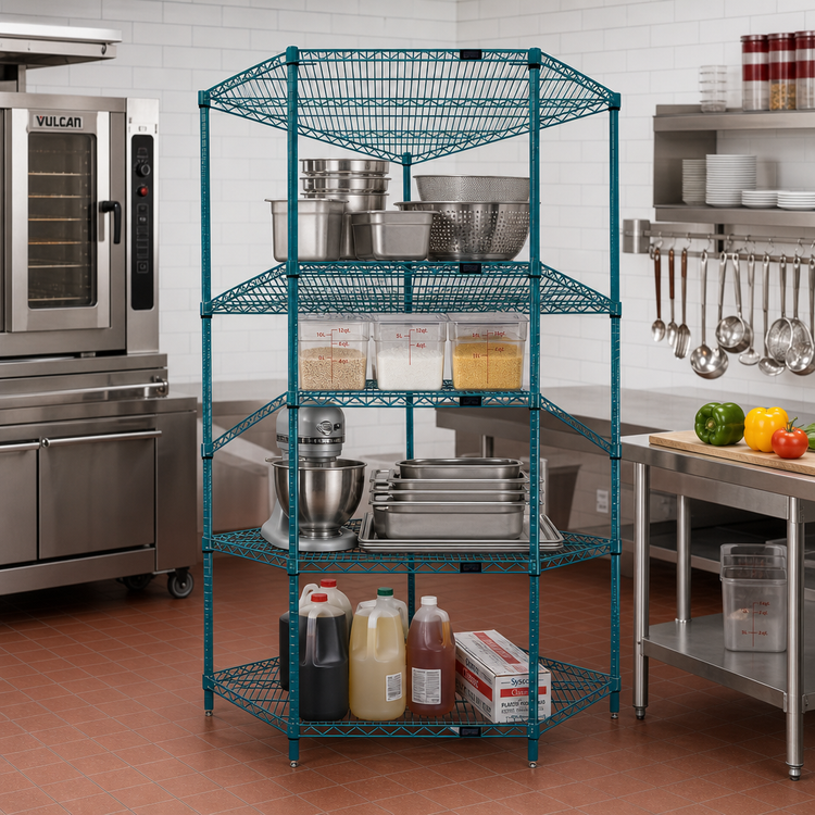 Product image #2 for Quantum 36 x 18 Inch 5-Sided Wire Shelving Starter Kit with 4 Shelves, Green Epoxy Antimicrobial Finish