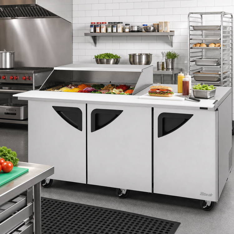 Product image #3 for Turbo Air Super Deluxe Mega-Top Sandwich/Salad Prep Table With Slide-Back Lid and Work Station, 72 5/8-Inch, 3-Section, 18-Pan, 23 Cu. Ft.