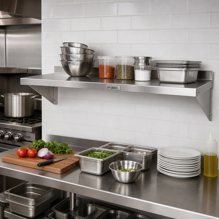 Product image #2 for John Boos Stallion 48" x 16" Wall-Mounted Stainless Steel Shelf with Safety Edge