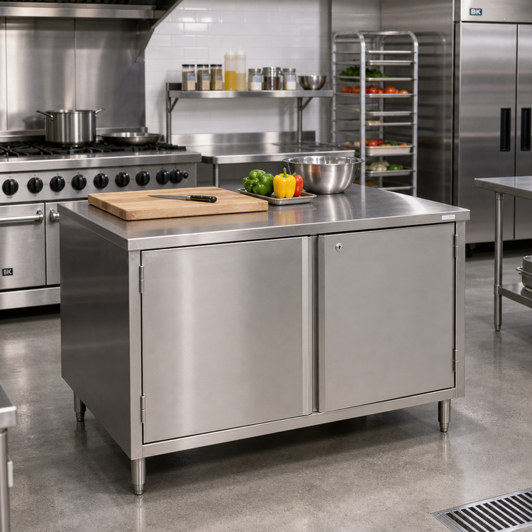 Product image #2 for BK Resources 60" x 36" Stainless Steel Chef Table with Locking Cabinet Base