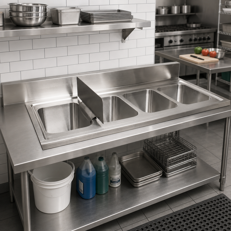 Product image #2 for BK Resources 4-Compartment Drop-In Sink with 5-Inch Riser, 48 x 24 x 15 1/4 Inches, 304 Stainless Steel