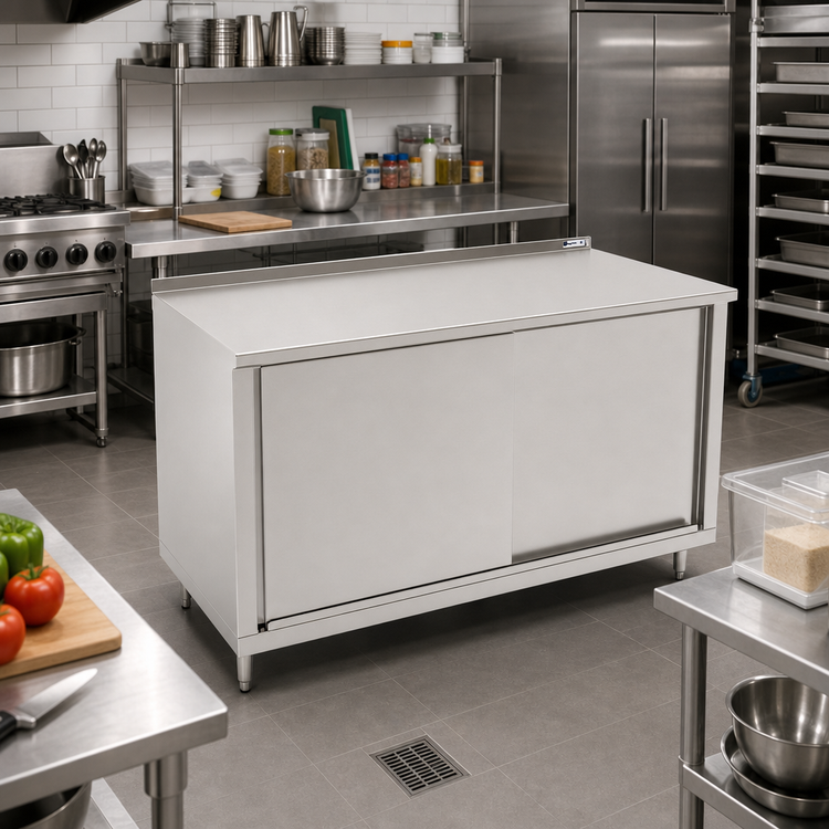Product image #2 for Enclosed Sliding Door Work Table with Cabinet Base, 60 x 24 Inches, 14-Gauge Stainless Steel Top, 1-1/2 Inch Rear Riser