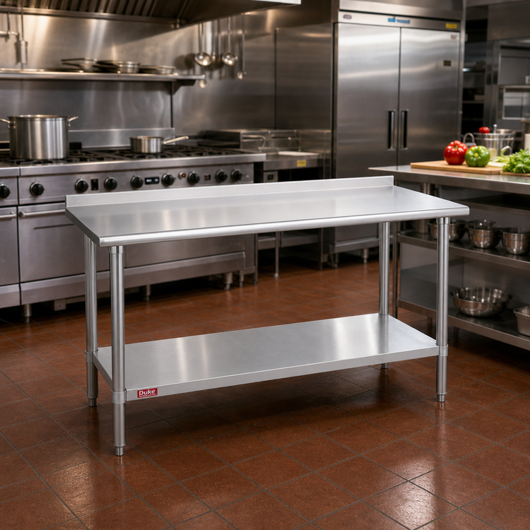 Product image #2 for Duke 48 x 30 Inch Stainless Steel Work Table with 1-1/8 Inch Straight Riser and Galvanized Undershelf