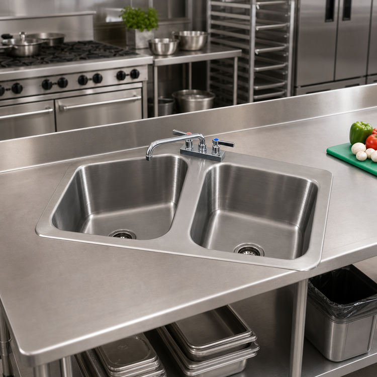 Product image #2 for Advance Tabco 33 1/2 Inch Two-Compartment Drop-In Sink with 14 x 16 x 10 Inch Bowls and 8 Inch Swing Spout Faucet