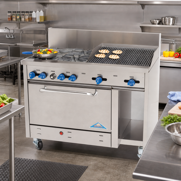 Product image #2 for Comstock-Castle 48-Inch Gas Range with 6 Open Burners, 12-Inch Char-Broiler, 31.5-Inch Oven and Storage Cabinet Base