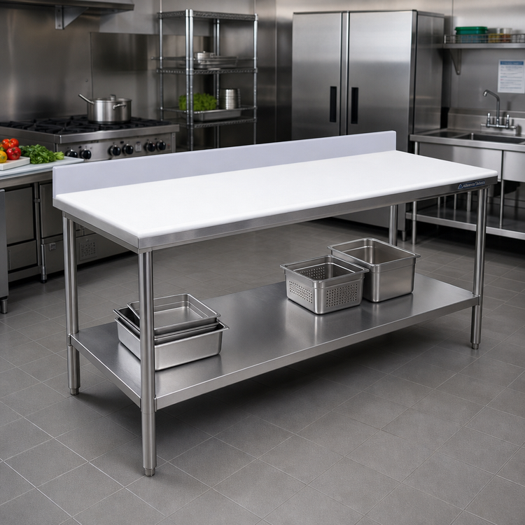 Product image #2 for Advance Tabco Poly-Vance Poly Top Work Table with 6-Inch Backsplash and Adjustable Undershelf, 84 x 30 Inches