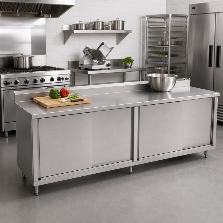 Product image #2 for John Boos Enclosed Stainless Steel Work Table with Sliding Doors, 96 x 24 Inch, 5-Inch Backsplash