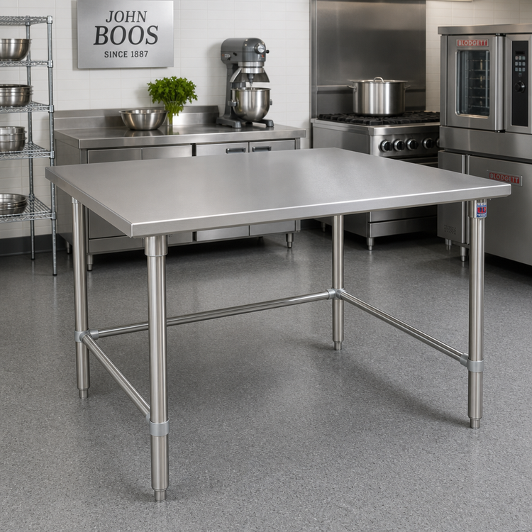 Product image #2 for John Boos 48" x 48" Stainless Steel Top Work Table with Stallion Safety Edge, Stainless Steel Legs, and Adjustable Bracing