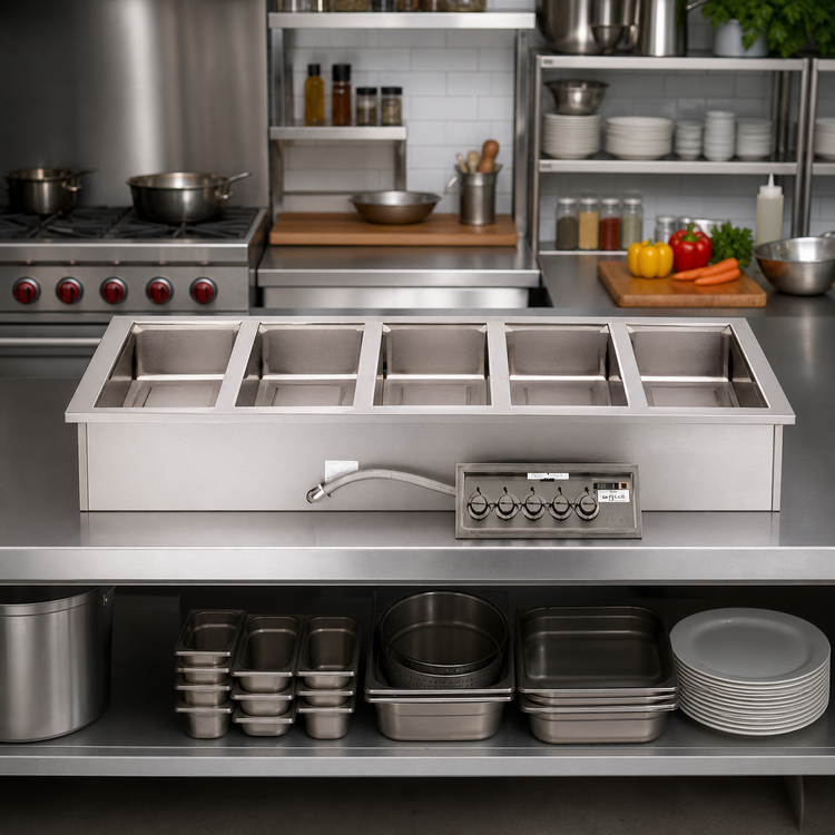 Product image #2 for Wells MOD500TDM 5-Well Top-Mount Drop-In Electric Food Warmer with Thermostatic Controls and Manifold Drains