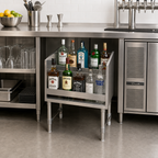Thumbnail image #2 for Sapphire Manufacturing SMLDR-18 Freestanding 4-Step Underbar Liquor Bottle Display Rack, 18"W x 18"D, Stainless Steel with Galvanized Supports