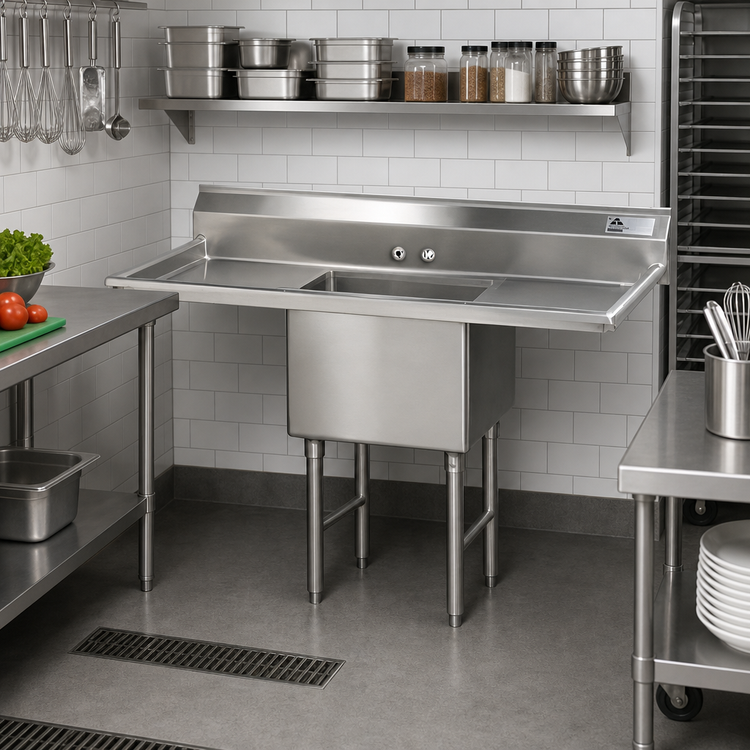 Product image #2 for Advance Tabco 1-Compartment Floor Model Fabricated Sink with Left and Right Drainboards, 30 x 24 x 14 Bowl, 78 Inch Wide, 16-Gauge 304 Stainless Steel