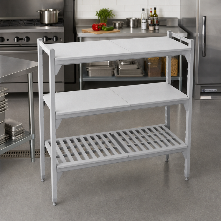 Product image #3 for Cambro Camshelving Premium 21" x 42" Vented & Solid 4-Shelf Polymer Shelf Kit, Speckled Gray