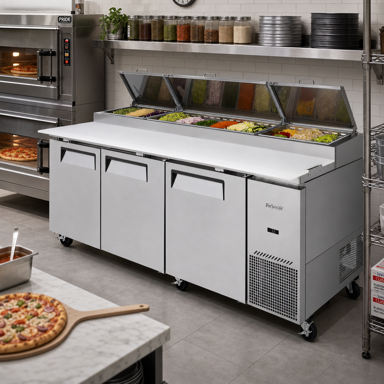 Product image #2 for Turbo Air Super Deluxe Three-Section Pizza Prep Table with Self-Cleaning Condenser, 31 Cu. Ft., 93-1/8-Inch Wide