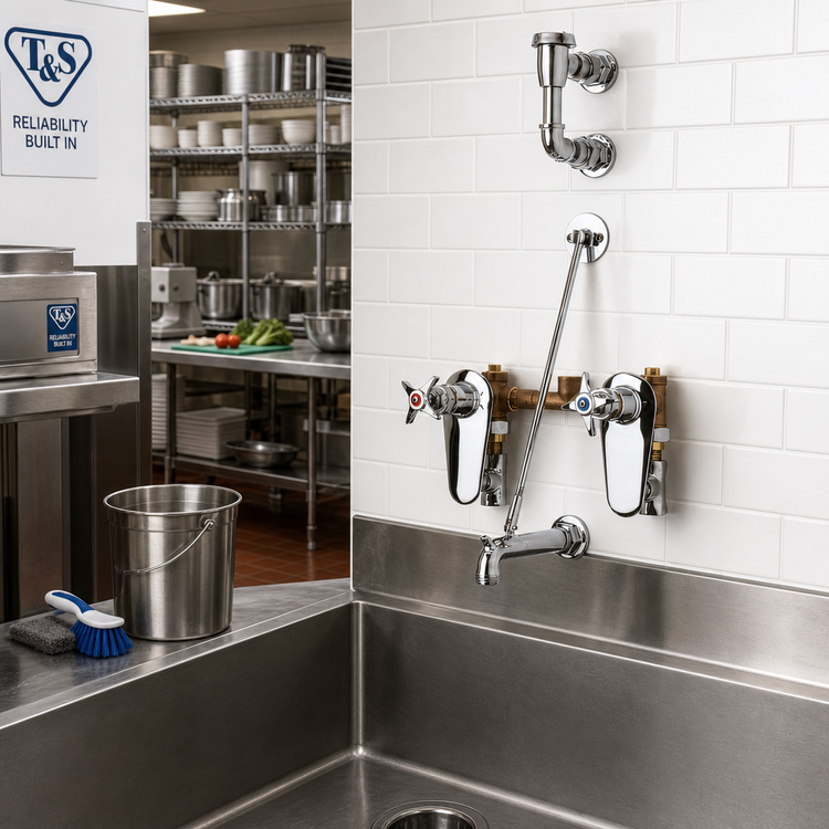 Product image #2 for T&S Brass B-0695 8-Inch Wall-Mount Concealed Service Sink Fitting with Elevated Vacuum Breaker and Pail Hook Spout