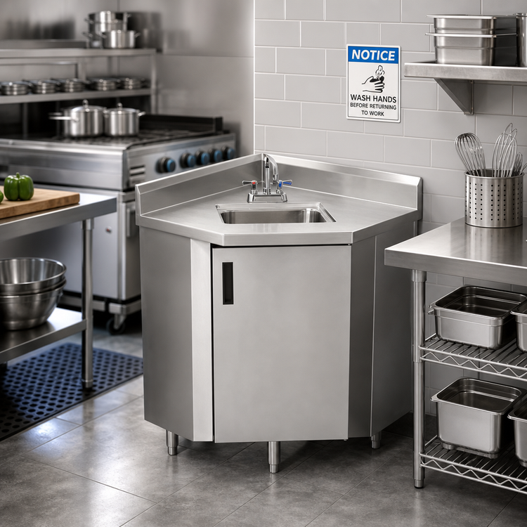 Product image #2 for Advance Tabco Corner Freestanding Stainless Steel Hand Sink Cabinet with 14 x 10 x 10 Bowl, Faucet and Drain