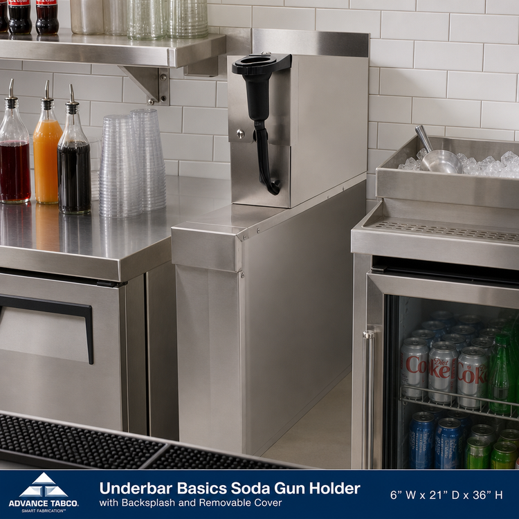 Product image #2 for Advance Tabco Underbar Basics Stainless Steel Soda Gun Holder with Backsplash and Removable Cover, 6 x 21 x 36 Inches