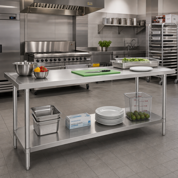 Product image #2 for Advance Tabco 144-Inch x 24-Inch 14-Gauge 304 Stainless Steel Work Table with Adjustable Undershelf