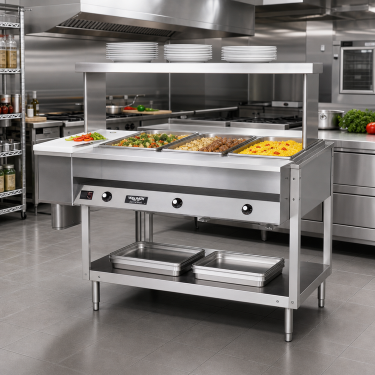 Product image #2 for Vollrath ServeWell® 4-Well Sealed-Well Electric Hot Food Table with Open Shelf Base, Plate Shelf and Cutting Board