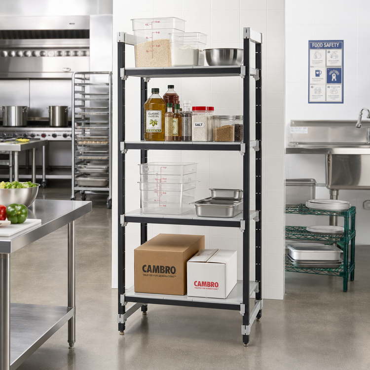 Product image #2 for Cambro Camshelving Elements XTRA Solid 4-Shelf Stationary Starter Unit, 24-Inch Wide x 18-Inch Deep x 84-Inch High, Speckled Gray