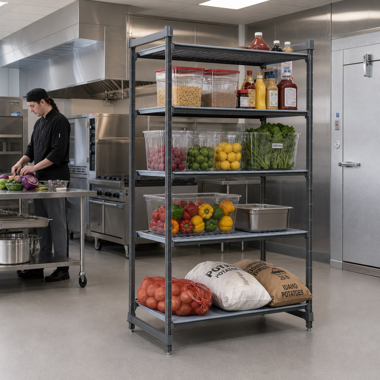 Product image #2 for Cambro Camshelving Basics Plus 21" W x 30" L x 72" H 4-Tier Stationary Polymer Shelving Starter Unit, 3 Vented and 1 Solid Shelf Plates