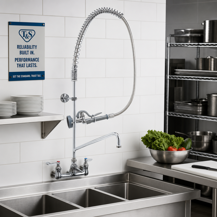 Product image #2 for T&S Brass EasyInstall 8" Wall-Mount Mixing Pre-Rinse Unit with 14" Swing Nozzle