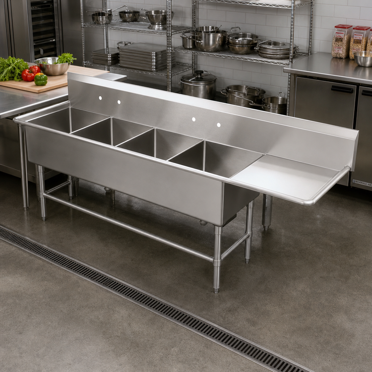Product image #2 for John Boos Pro-Bowl 4-Compartment Sink with 18-Inch Right Drainboard, 20 x 20 x 12-Inch Bowls, 14-Gauge Stainless Steel