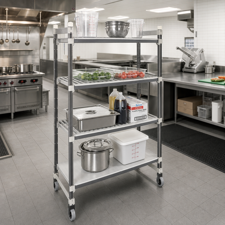 Product image #2 for Cambro Camshelving Elements XTRA 21" x 36" x 80" High Density Top Rail Mobile Starter Unit, 4-Tier, 3 Vented + 1 Solid