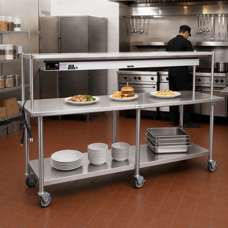 Product image #3 for John Boos Mobile Stainless Steel Expediting Work Table with Infrared Food Warmer, Overshelf, and Locking Casters, 84 x 24 x 54 Inches