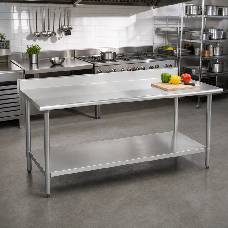 Product image #2 for Eagle Group Deluxe Series Commercial 16-Gauge 300-Series Stainless Steel Work Table with 4-1/2 Inch Backsplash and Undershelf, 120 x 30 Inches