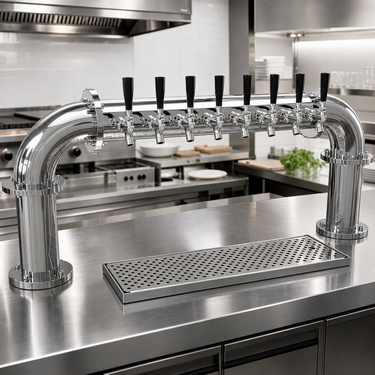 Product image #2 for Glastender Countertop Pipe Pass-Thru Glycol-Cooled Draft Dispensing Tower with 8 Faucets, 2 Columns, Mirror Finish