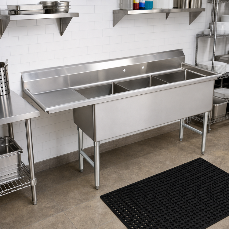 Product image #2 for Advance Tabco 3-Compartment Fabricated Sink with 24-Inch Left Drainboard, 30 x 24 x 14-Inch Bowls