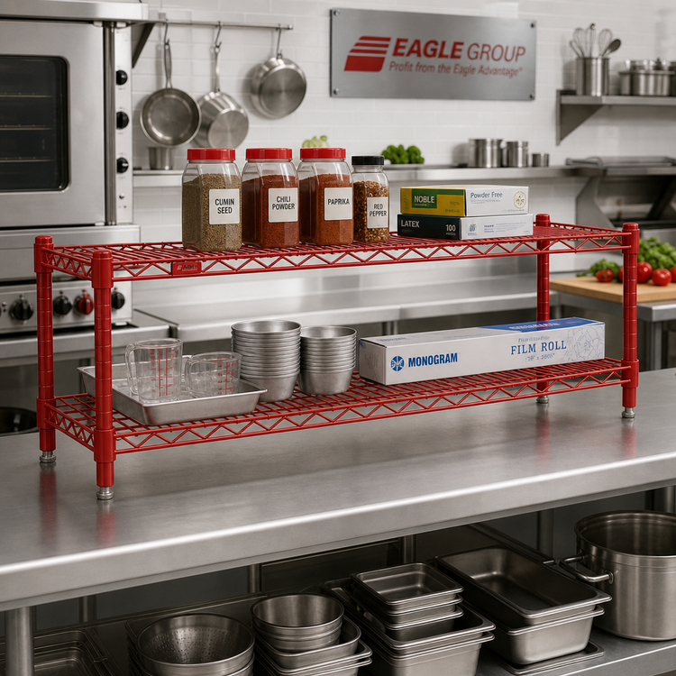 Product image #2 for Eagle Group QuadTruss 2-Tier Front Case Merchandise Wire Shelving Unit, 60 x 14 x 14 Inch, Red Epoxy