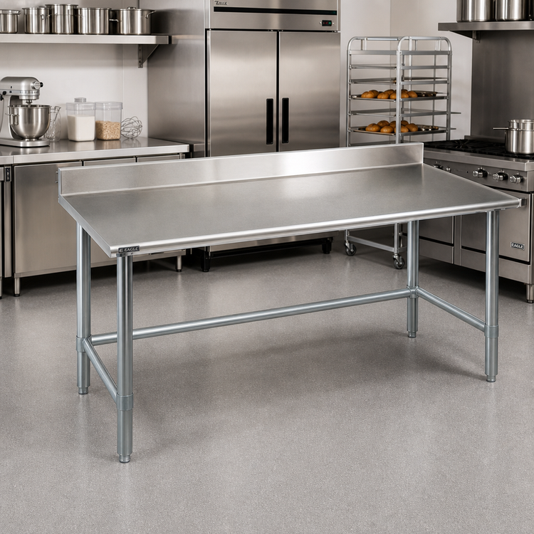 Product image #2 for Eagle Group Deluxe Series 84" x 30" 16-Gauge 300 Series Stainless Steel Work Table with 4-1/2" Backsplash and Galvanized Tubular Base