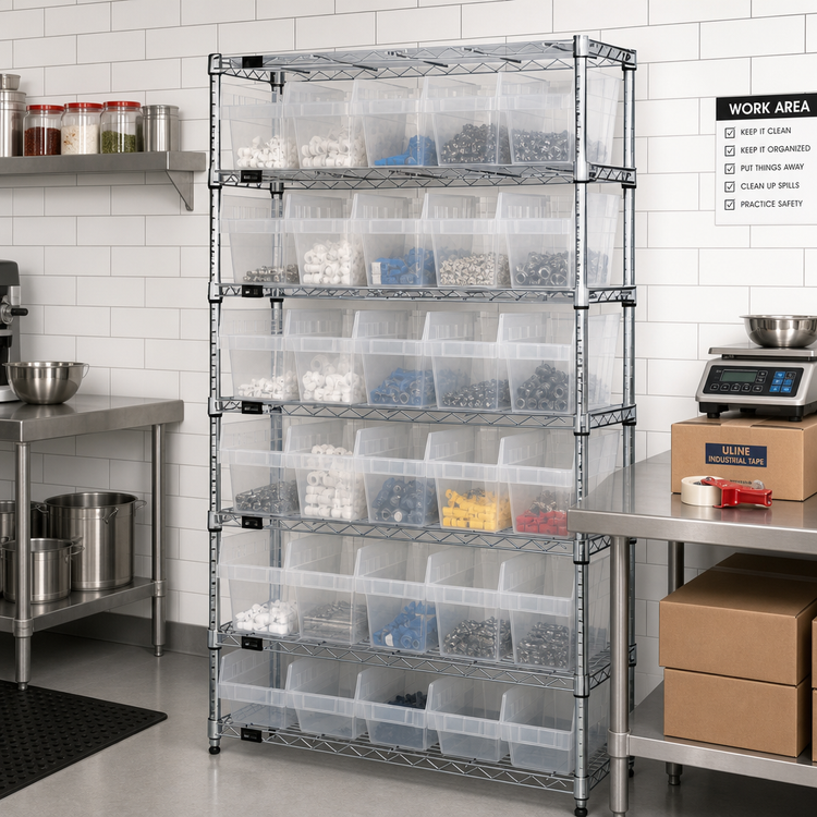 Product image #2 for Quantum Stationary Bin Wire Shelving System with 8 Shelves and 35 Clear Bins, 36 W x 24 D x 74 H, Chrome Plated